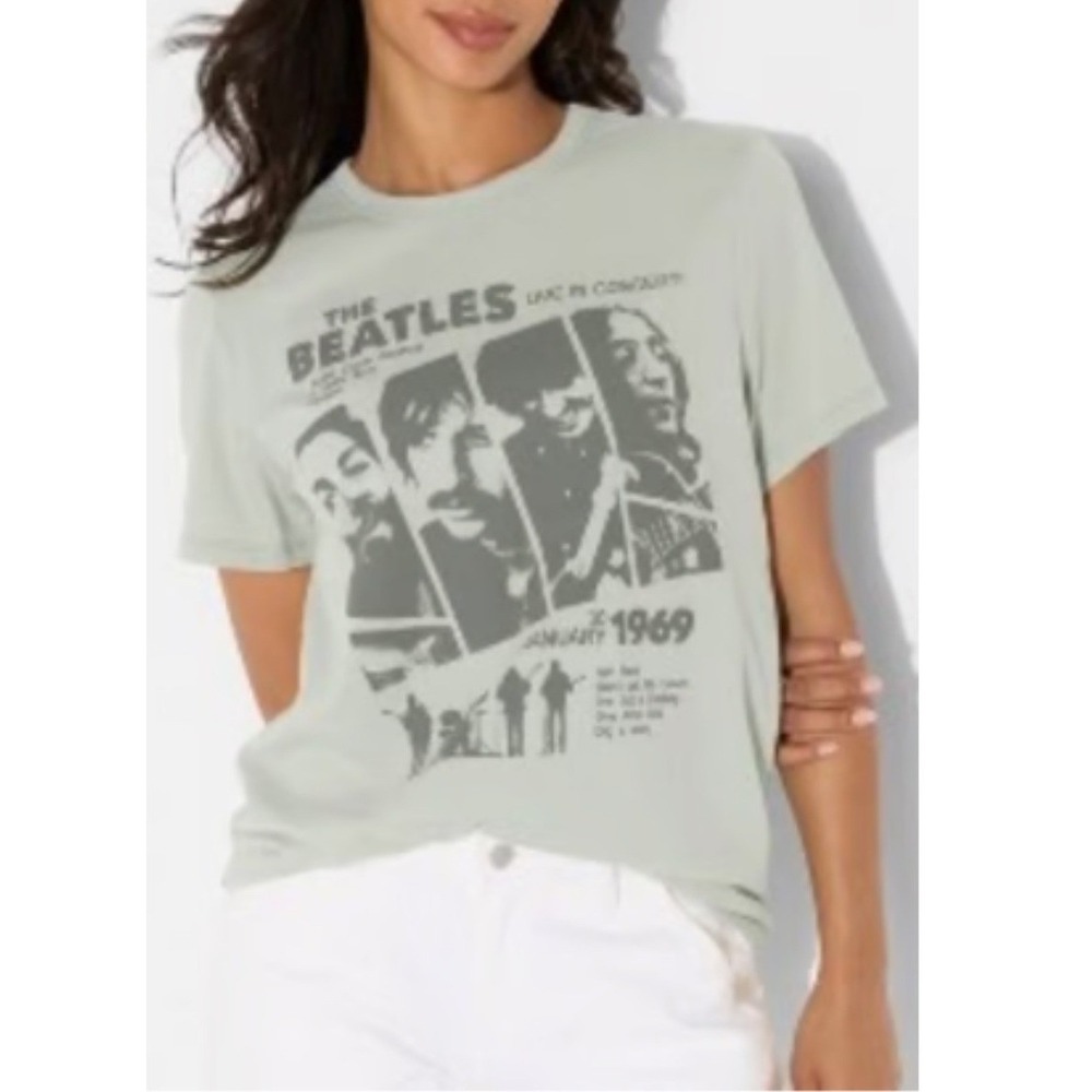 The Beatles 1969 Rooftop Concert Graphic Tee Sage Green Short Sleeve Band Shirt